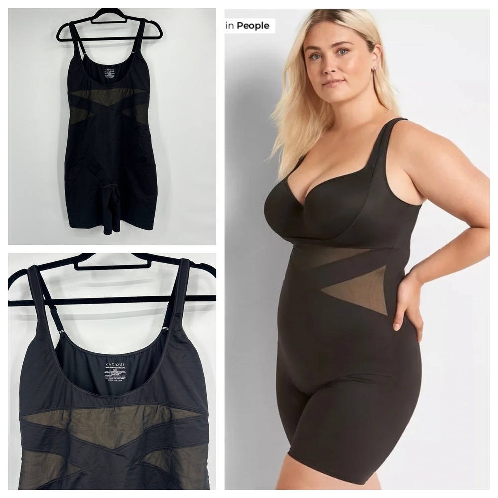 Cacique Open-Bust Thigh Shaper Black Mesh Panel Shapewear Plus Size 26/28